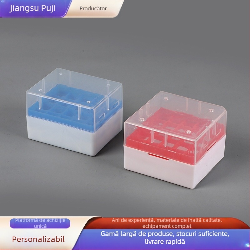 Cutie din plastic pentru tuburi de centrifugă cu suport de 32 găuri și cutie de 96 găuri pentru vârfuri pipetă – probe; origine Jiangsu, producător Puji