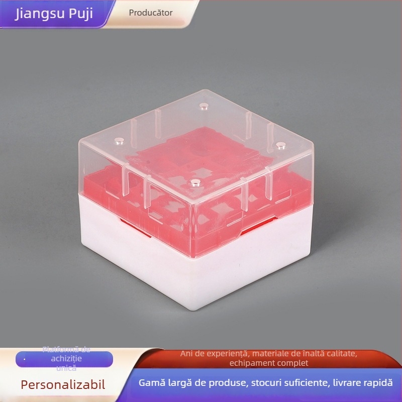Cutie din plastic pentru tuburi de centrifugă cu suport de 32 găuri și cutie de 96 găuri pentru vârfuri pipetă – probe; origine Jiangsu, producător Puji
