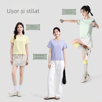 Tricou damă cu guler rotund, mâneci scurte, amestec poliester-spandex