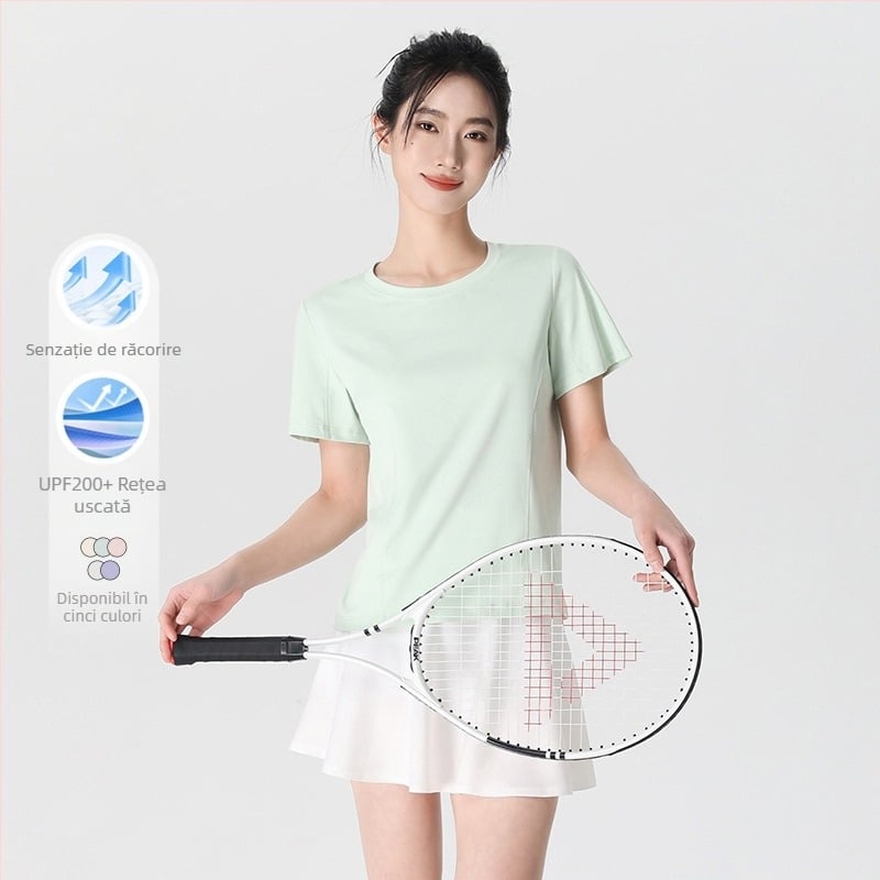 Tricou damă cu guler rotund, mâneci scurte, amestec poliester-spandex