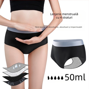 Lenjerie menstruală cu talie medie, material Ice Silk, protecție împotriva scurgerilor, țesătură plată, principal: nylon 80–90%, căptușeală în zona intimă din bumbac 95–100%.