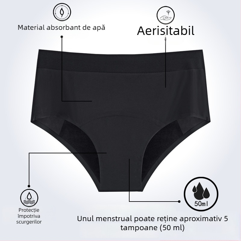 Lenjerie menstruală cu talie medie, material Ice Silk, protecție împotriva scurgerilor, țesătură plată, principal: nylon 80–90%, căptușeală în zona intimă din bumbac 95–100%.