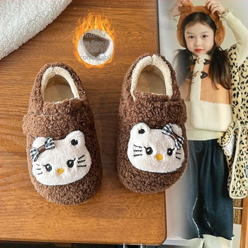 Pantofi pentru copii — Model de pisică de desene animate, stil pluș, închidere Velcro, partea superioară din velur foarte moale, talpă din cauciuc