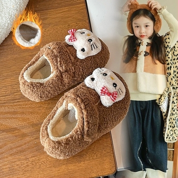 Pantofi pentru copii — Model de pisică de desene animate, stil pluș, închidere Velcro, partea superioară din velur foarte moale, talpă din cauciuc