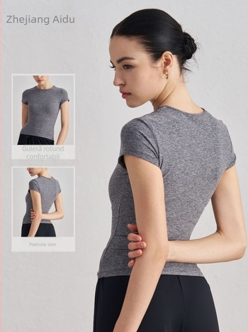 Tricou de yoga pentru femei, cu mâneci scurte, respirabil, material SNU, 91% nylon + 9% spandex, lungime șolduri, croială slim