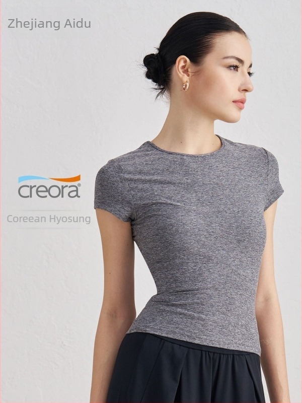 Tricou de yoga pentru femei, cu mâneci scurte, respirabil, material SNU, 91% nylon + 9% spandex, lungime șolduri, croială slim