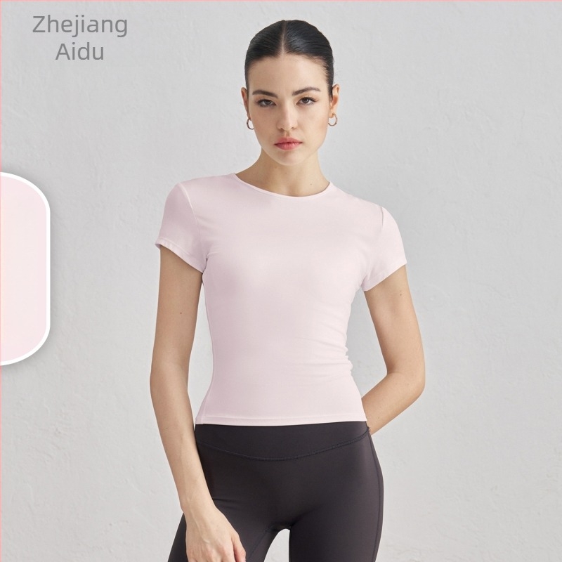 Tricou de yoga pentru femei, cu mâneci scurte, respirabil, material SNU, 91% nylon + 9% spandex, lungime șolduri, croială slim