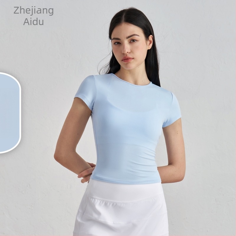 Tricou de yoga pentru femei, cu mâneci scurte, respirabil, material SNU, 91% nylon + 9% spandex, lungime șolduri, croială slim