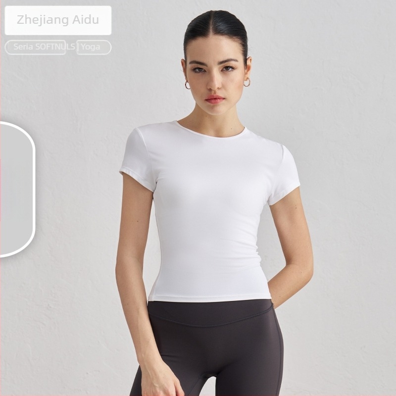 Tricou de yoga pentru femei, cu mâneci scurte, respirabil, material SNU, 91% nylon + 9% spandex, lungime șolduri, croială slim