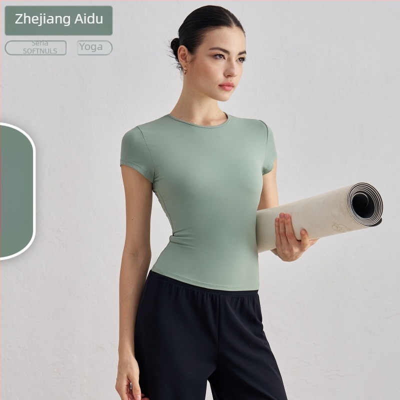 Tricou de yoga pentru femei, cu mâneci scurte, respirabil, material SNU, 91% nylon + 9% spandex, lungime șolduri, croială slim