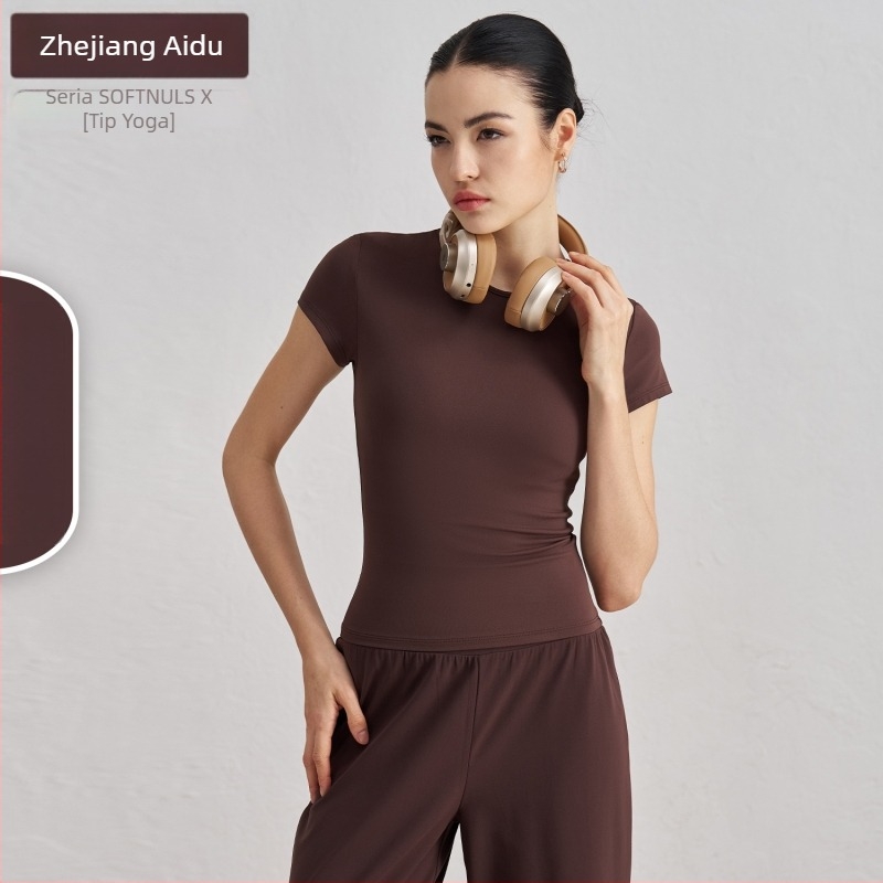 Tricou de yoga pentru femei, cu mâneci scurte, respirabil, material SNU, 91% nylon + 9% spandex, lungime șolduri, croială slim