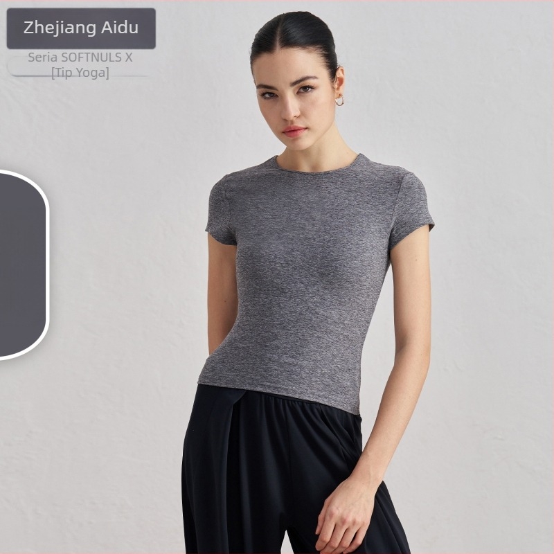 Tricou de yoga pentru femei, cu mâneci scurte, respirabil, material SNU, 91% nylon + 9% spandex, lungime șolduri, croială slim