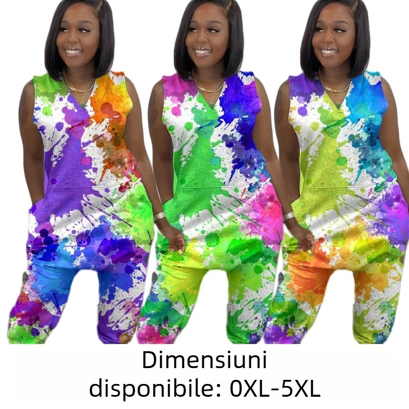 XT8310 Salopetă Tie-Dye, Poliester 95%+, fără mâneci, pantaloni skinny, Vara 2023