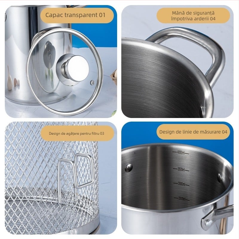 Oală profundă din oțel inoxidabil 304, cu fund complex, oală multifuncțională pentru plita generală