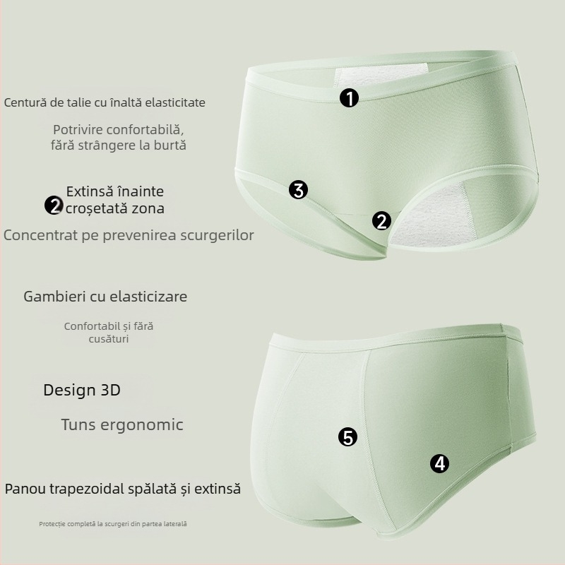 Lenjerie intimă din bumbac pentru menstruație, cu protecție antibacteriană – talie medie, material principal 95% bumbac, căptușeală în zona inghinală 100% bumbac, model solid, respirabil