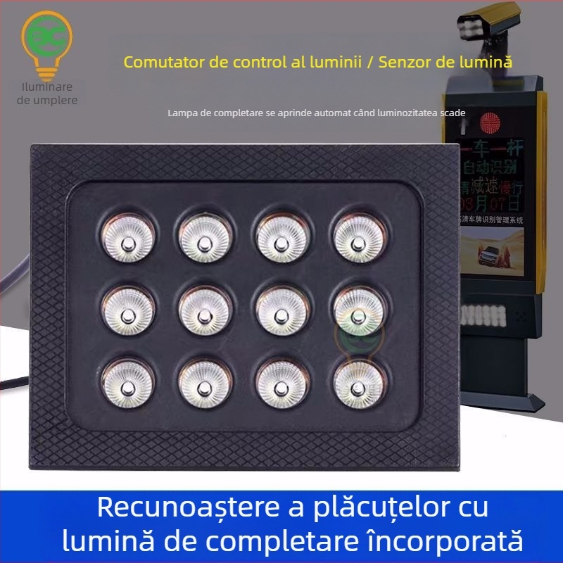Lumină LED încorporată de 12W pentru recunoașterea plăcilor și supravegherea parcărilor, IP65, 1200 lm, 220 VAC, 6000–6500K