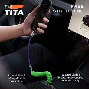 TITA cablu USB-C pentru mașină, retractabil, împletit, 60W PD