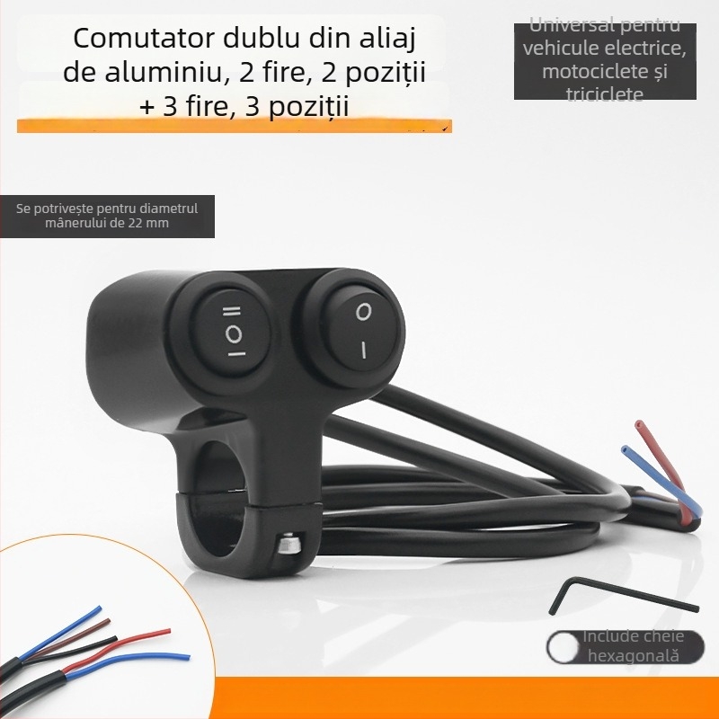 Mojielong întrerupător ghidon pentru vehicule electrice, din aliaj de aluminiu, cu LED dublu și far combinat