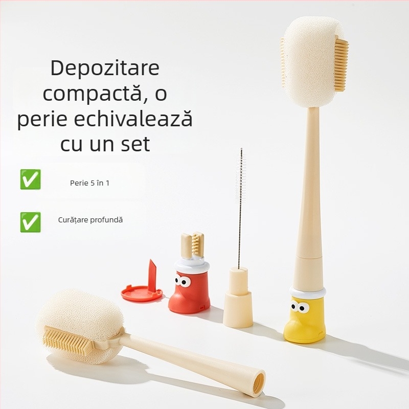 Perie de curățare pentru pahare cu mâner lung, pentru biberoane, căni și paie; perie 3-în-1 pentru spații și burete