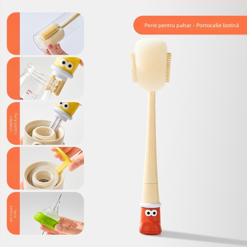 Perie de curățare pentru pahare cu mâner lung, pentru biberoane, căni și paie; perie 3-în-1 pentru spații și burete