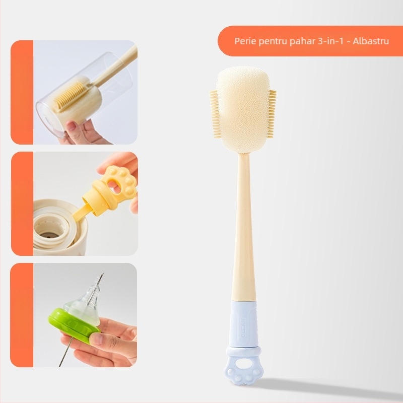 Perie de curățare pentru pahare cu mâner lung, pentru biberoane, căni și paie; perie 3-în-1 pentru spații și burete