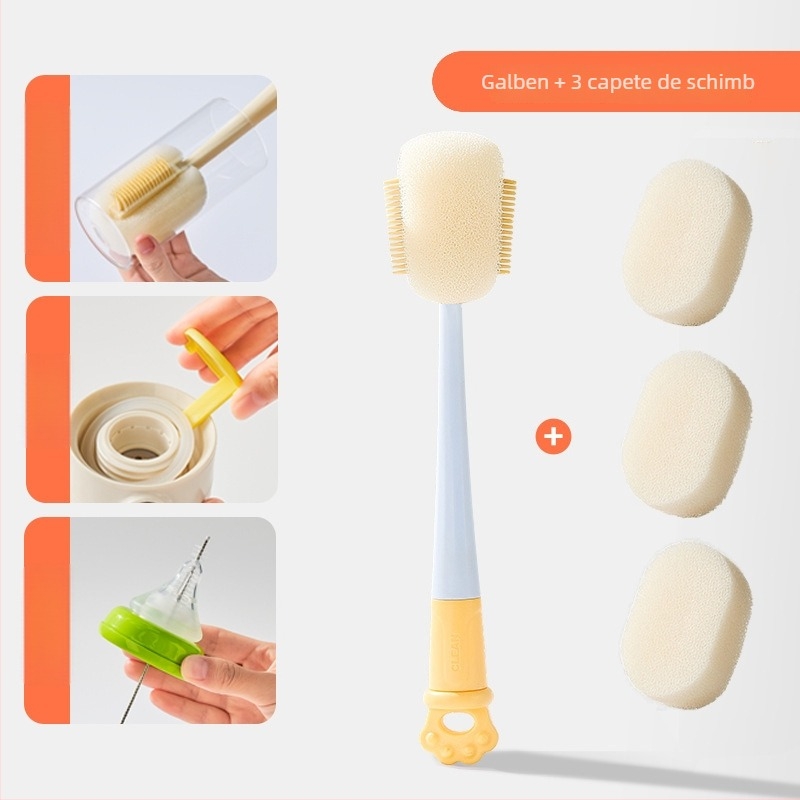 Perie de curățare pentru pahare cu mâner lung, pentru biberoane, căni și paie; perie 3-în-1 pentru spații și burete