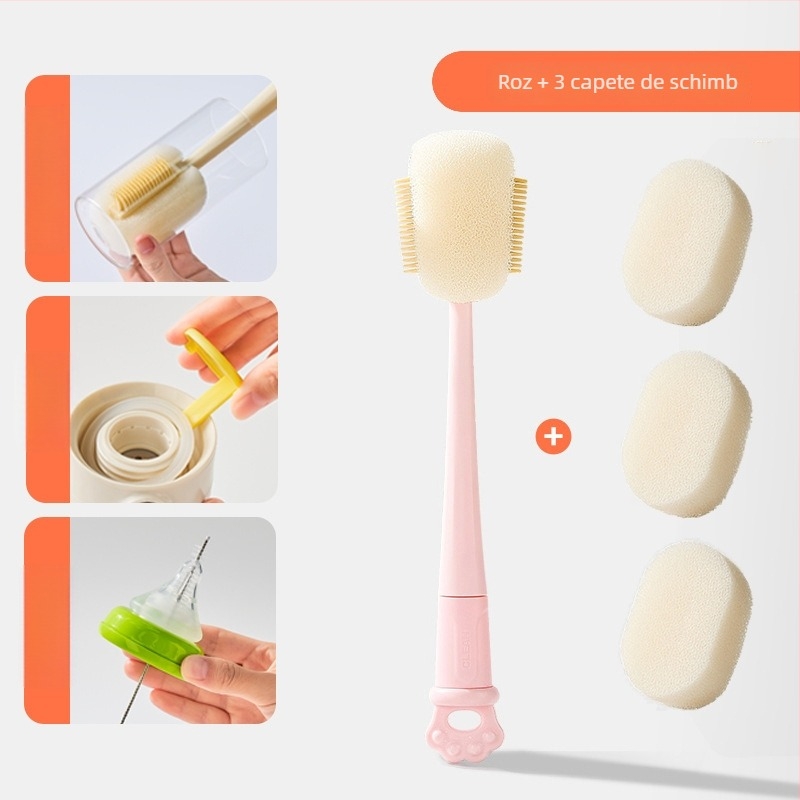 Perie de curățare pentru pahare cu mâner lung, pentru biberoane, căni și paie; perie 3-în-1 pentru spații și burete