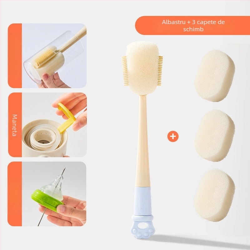 Perie de curățare pentru pahare cu mâner lung, pentru biberoane, căni și paie; perie 3-în-1 pentru spații și burete