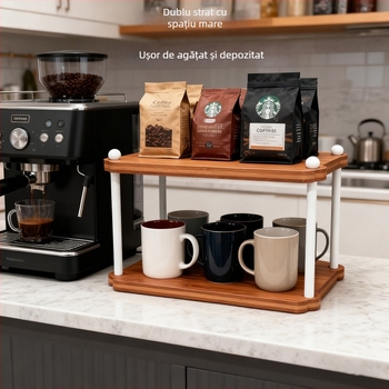 Raft de depozitare pentru birou - Organizator cu două etaje din nan-bambus pentru ustensilele de ceai și căni, design minimalist