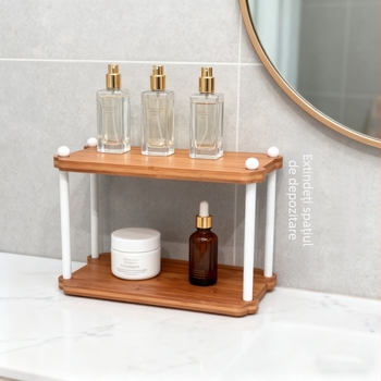 Raft de depozitare pentru birou - Organizator cu două etaje din nan-bambus pentru ustensilele de ceai și căni, design minimalist