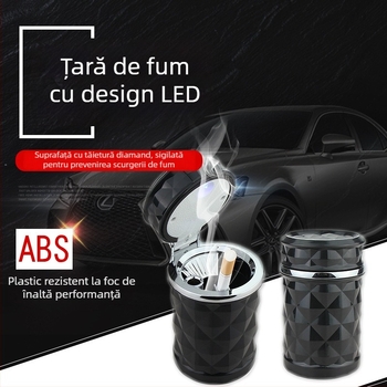 Scrumiieră auto cu design facetat diamant, iluminare LED, capac rabatabil, montare pe gură de aer cu suport