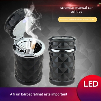 Scrumiieră auto cu design facetat diamant, iluminare LED, capac rabatabil, montare pe gură de aer cu suport