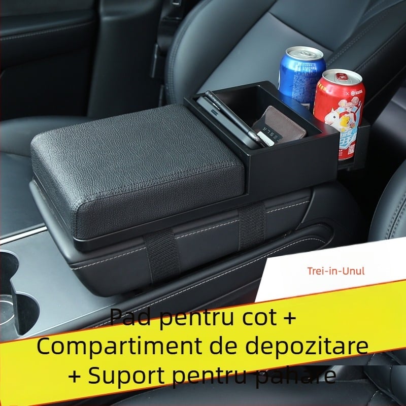 Organizator pentru cotieră auto cu compartiment pentru șervețele și suport retractabil pentru pahar, din plastic, model 3519, compatibil universal