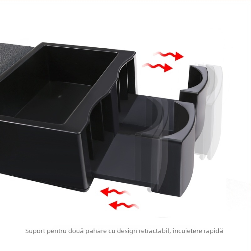 Organizator pentru cotieră auto cu compartiment pentru șervețele și suport retractabil pentru pahar, din plastic, model 3519, compatibil universal
