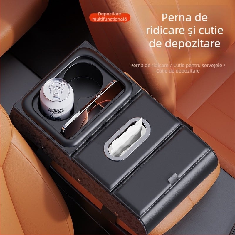 Organizator de cotieră auto din piele – compartiment pentru șervețele, suport pentru pahare, suport pentru telefon, potrivire universală