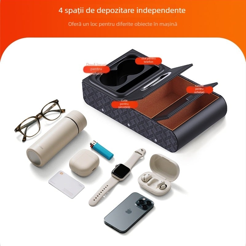Organizator de cotieră auto din piele – compartiment pentru șervețele, suport pentru pahare, suport pentru telefon, potrivire universală