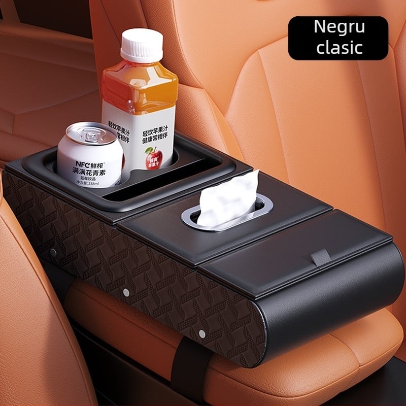 Organizator de cotieră auto din piele – compartiment pentru șervețele, suport pentru pahare, suport pentru telefon, potrivire universală