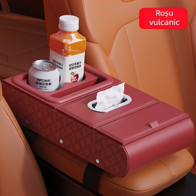 Organizator de cotieră auto din piele – compartiment pentru șervețele, suport pentru pahare, suport pentru telefon, potrivire universală