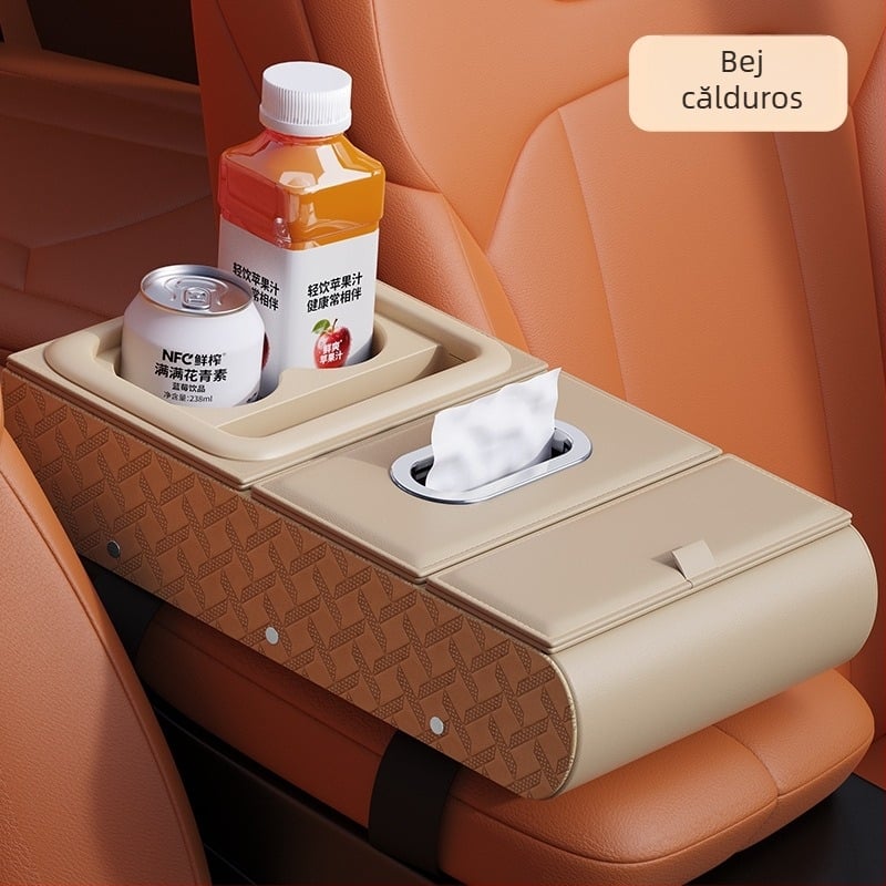 Organizator de cotieră auto din piele – compartiment pentru șervețele, suport pentru pahare, suport pentru telefon, potrivire universală