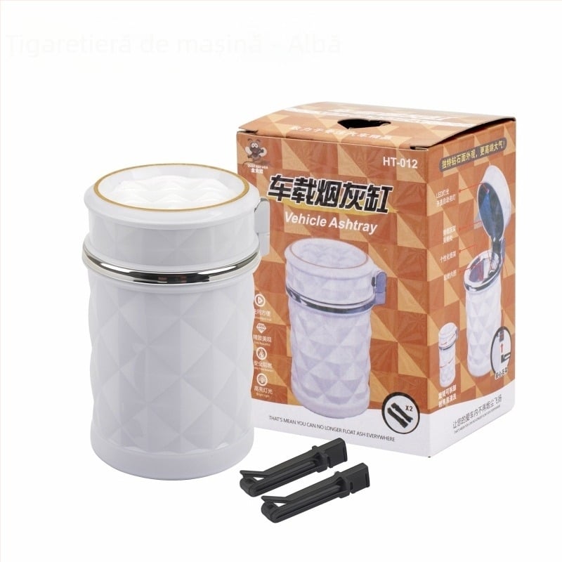 Scrumiere auto cu LED, atârnată de conducta de ventilație, cu capac — Model HT012, plastic, 108 g