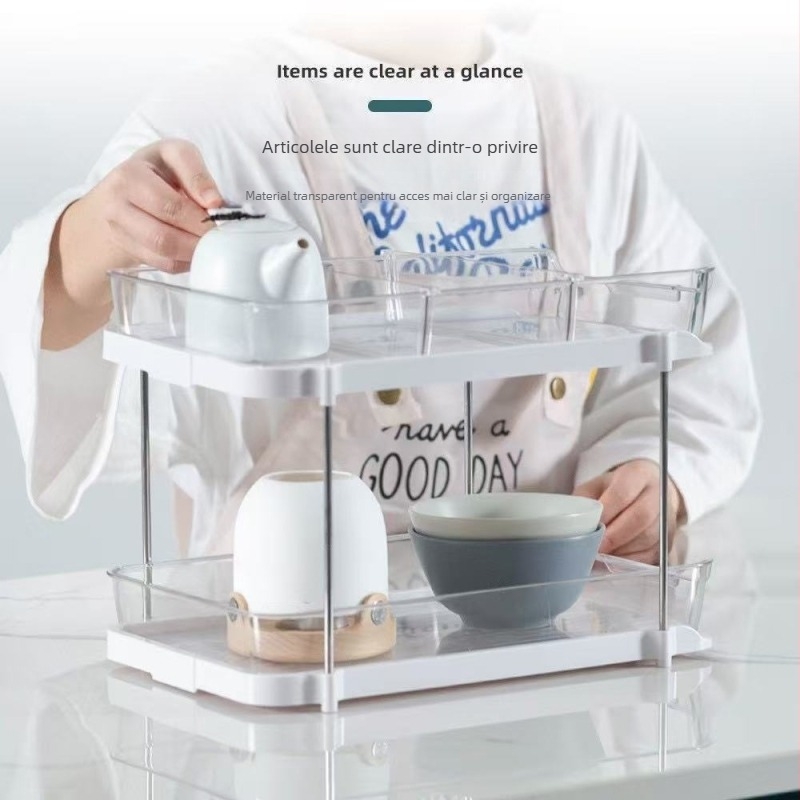 Raft de pahare pentru birou, cu două niveluri, transparent, din plastic, model JN-501, cod produs JN-50, multifuncțional, stil modern minimalist