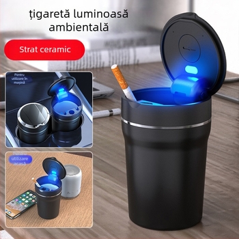 Scrumieră auto cu inserție ceramică ignifugă, iluminare LED, capac, model L3889, greutate 116 g