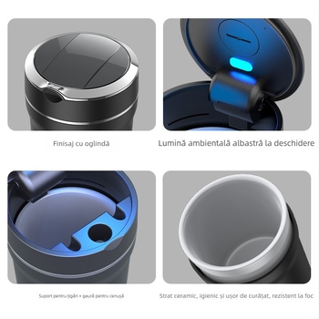 Scrumieră auto cu inserție ceramică ignifugă, iluminare LED, capac, model L3889, greutate 116 g