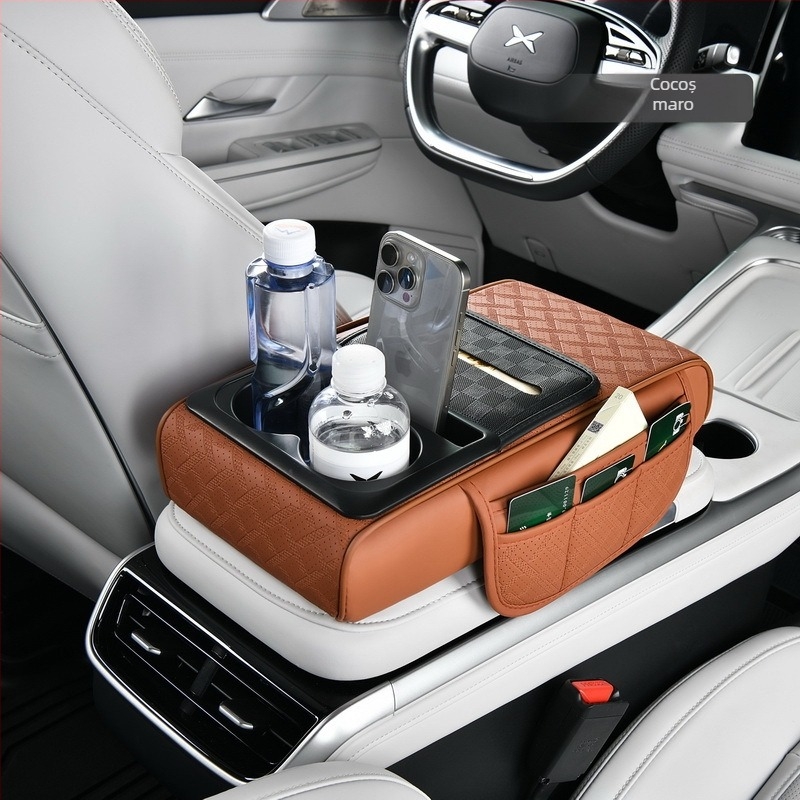 Padă din piele pentru cotiera auto, cu suport pentru șervețele de hârtie și pahare, Modelul 51, Compatibilitate generală, Greutate 500, Cod Rzh-51