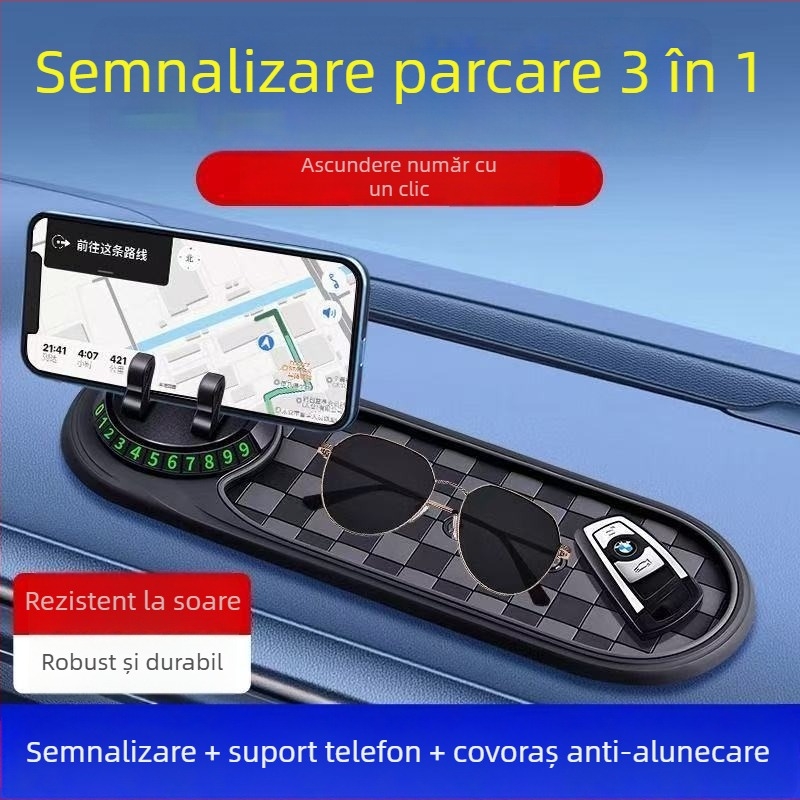 Covoraș PVC antiderapant 3-în-1 pentru bordul mașinii, suport telefon, consolă și navigație