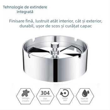 Scrumieră din oțel inoxidabil gros, cu capac rotativ, pentru uz casnic și auto; finisaj șlefuit; personalizare disponibilă