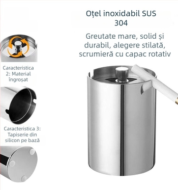 Scrumieră din oțel inoxidabil gros, cu capac rotativ, pentru uz casnic și auto; finisaj șlefuit; personalizare disponibilă