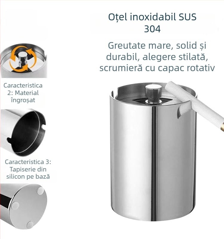 Scrumieră din oțel inoxidabil gros, cu capac rotativ, pentru uz casnic și auto; finisaj șlefuit; personalizare disponibilă