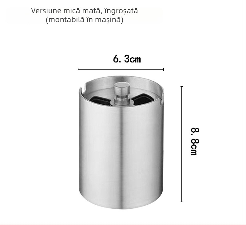 Scrumieră din oțel inoxidabil gros, cu capac rotativ, pentru uz casnic și auto; finisaj șlefuit; personalizare disponibilă
