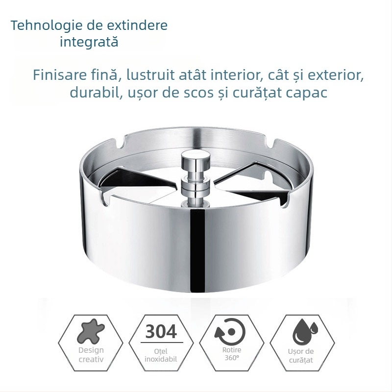 Scrumieră din oțel inoxidabil gros, cu capac rotativ, pentru uz casnic și auto; finisaj șlefuit; personalizare disponibilă